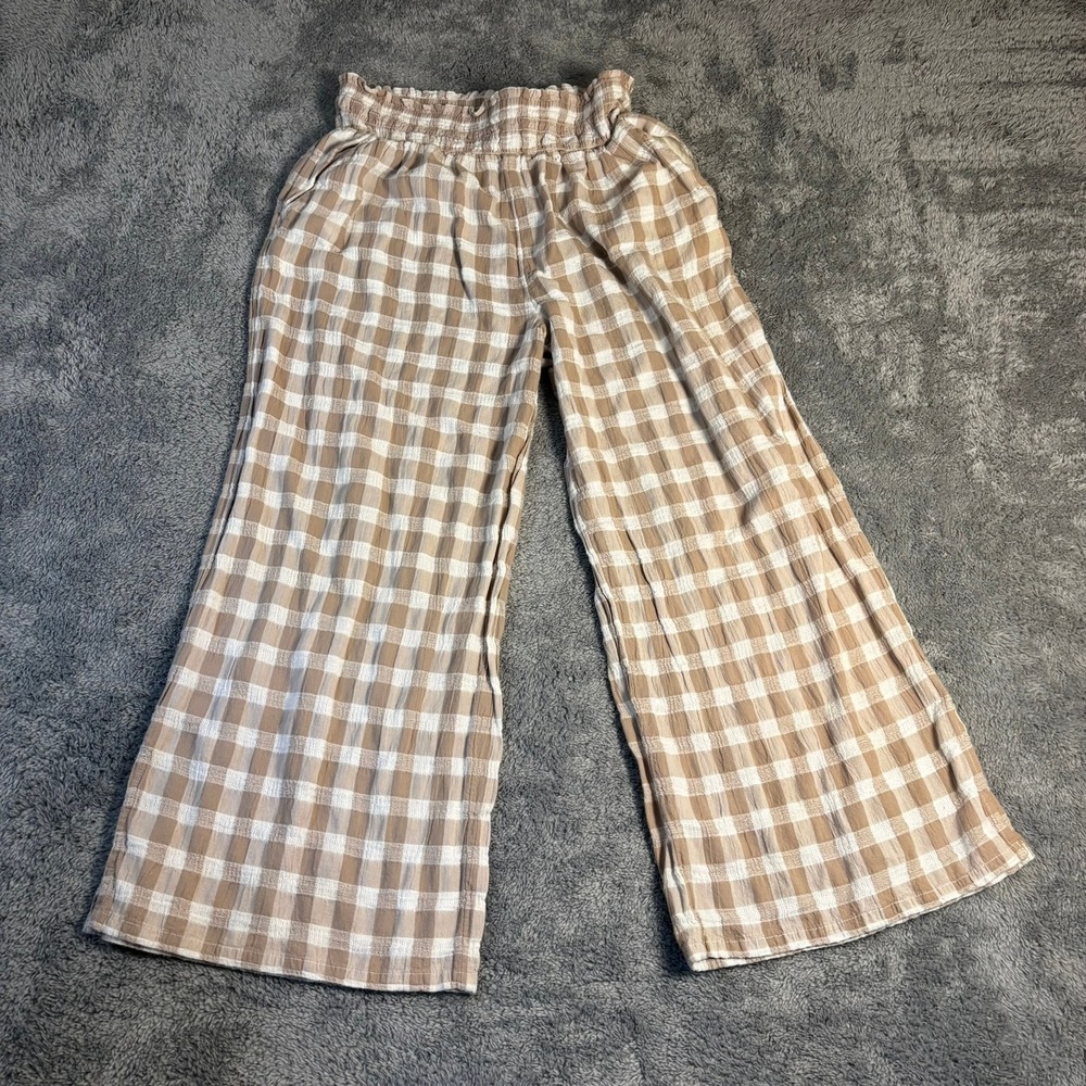 Aerie Tan Gingham Smocked Paperbag Waist Wide Leg Pants Medium